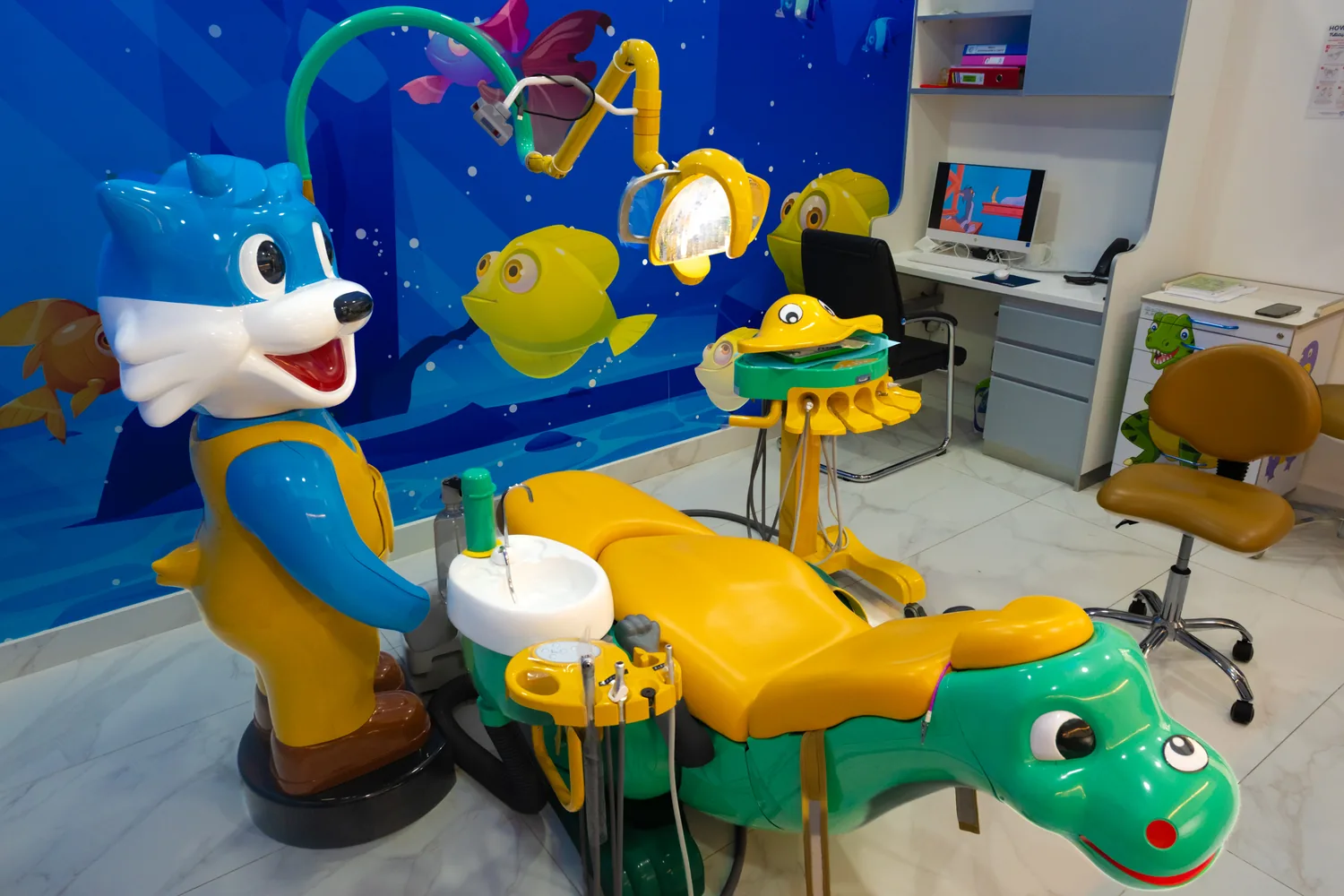 Pediatric dental chair and child-focused clinic environment at Al Raha Mall