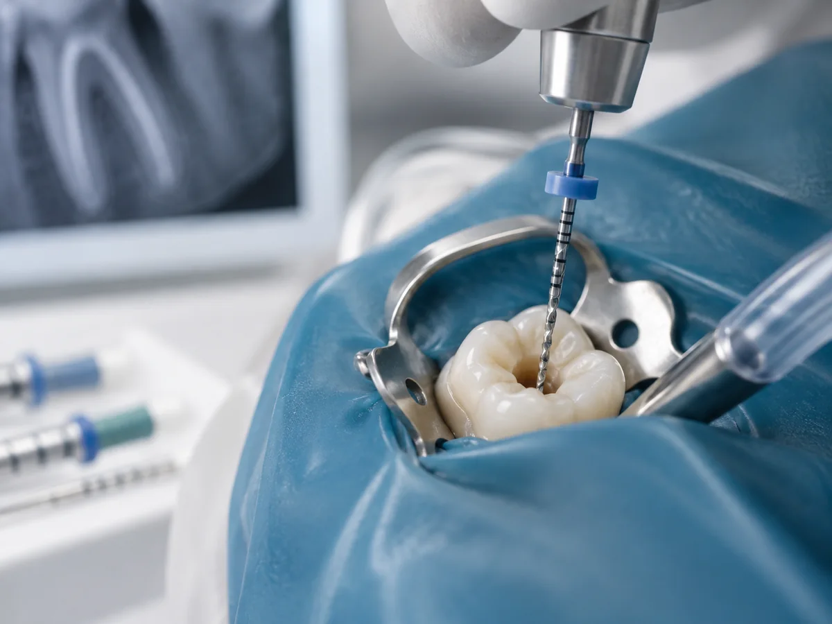 Endodontic root canal treatment using a rubber dam and rotary file